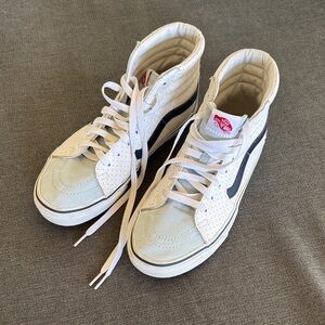 Vans White and Light Blue High-Top Skate Sneakers